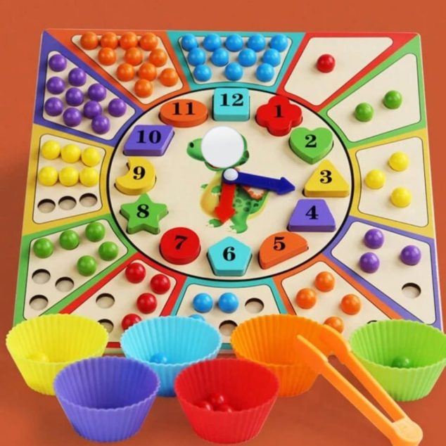 Wooden Clock & Cognitive Bead Matching Game